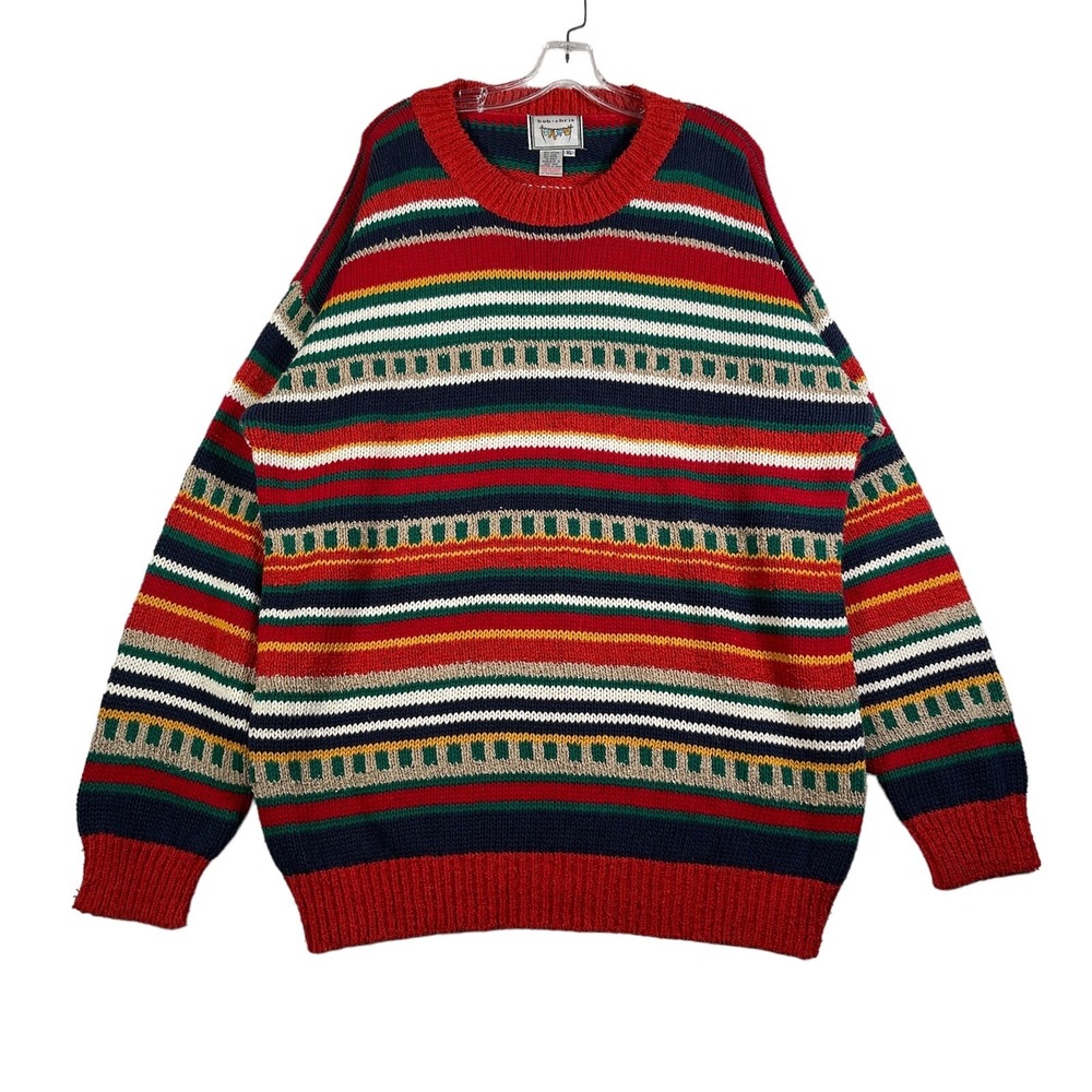 VTG Y2K Oversized Striped‎ Sweater Mens XL Red Crew Neck Grandpa Cabincore Retro